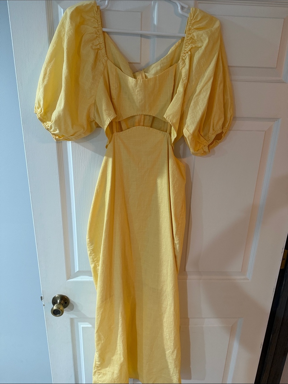 SHEIN Yellow Puff-Sleeve Cutout Midi Dress